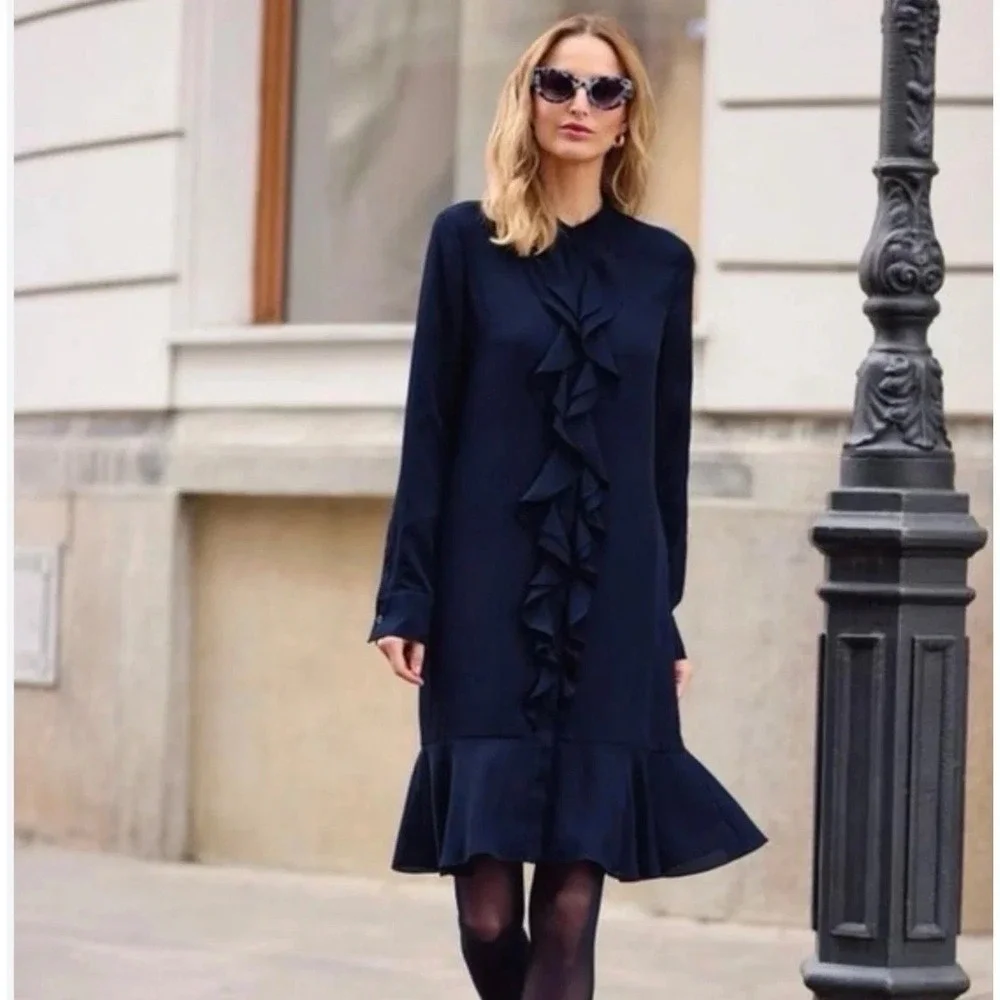 $425 NWT TORY BURCH JANE SHIRT DRESS DROP WAIST CREPE DE CHINE RUFFLE NAVY SZ 0